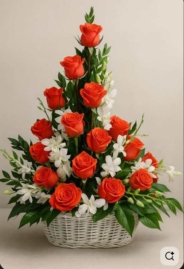 Arreglo-Premium-Reina-305-CA-Rosas-Naranjas-Premium-en-Canasta-Floristería-La-Reina-Buga-Colombia