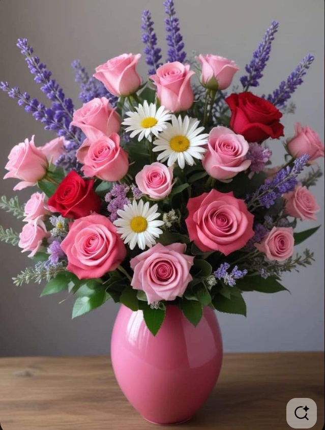 Arreglo-Premium-Reina-306CA-con-rosas-rosadas-rojas-margaritas-blancas-lavanda-Floristeria-la-Reina