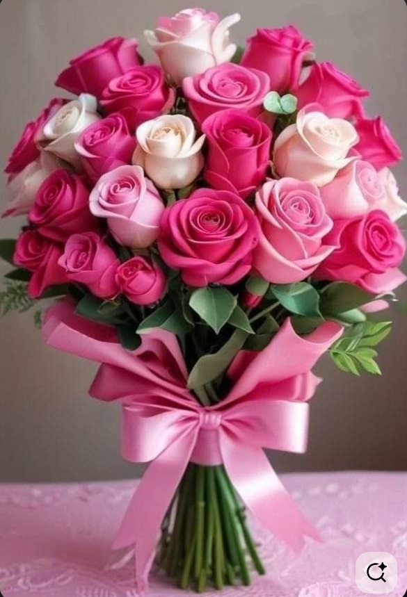 Arreglo-premium-de-cumpleaños-Reina-307-CA-con-rosas-rosadas-y-blancas-bouquet-elegante-con-lazo-rosa